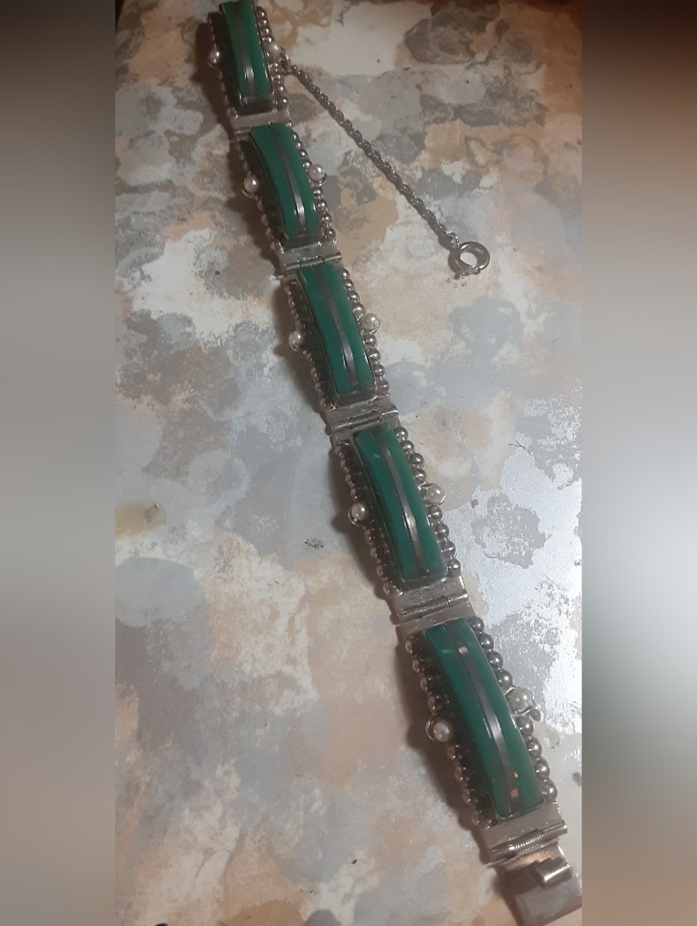 c1930-50 Mexico Artisan Handmade  STERLING & GREEN ONYX PANEL BRACELET
